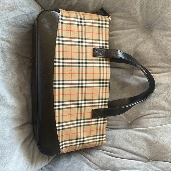 AUTHENTIC BURBERRY Burberry Check Hand Bag Purse Canvas w/black Leather - Picture 2 of 12